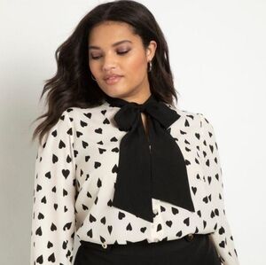 Eloquii Heart Print Bow Neck Blouse